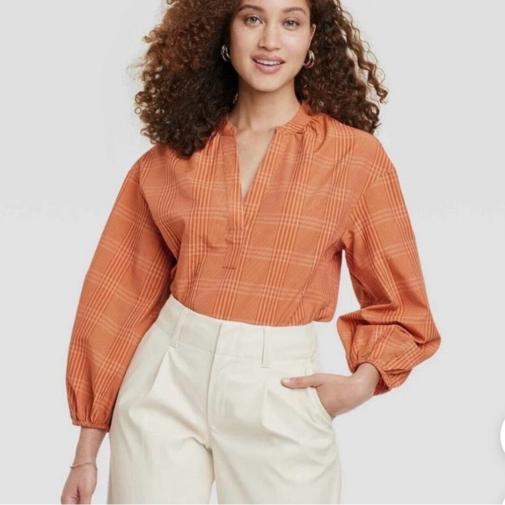 A New Day Burnt Orange Plaid Blouse | Size Large | NWT